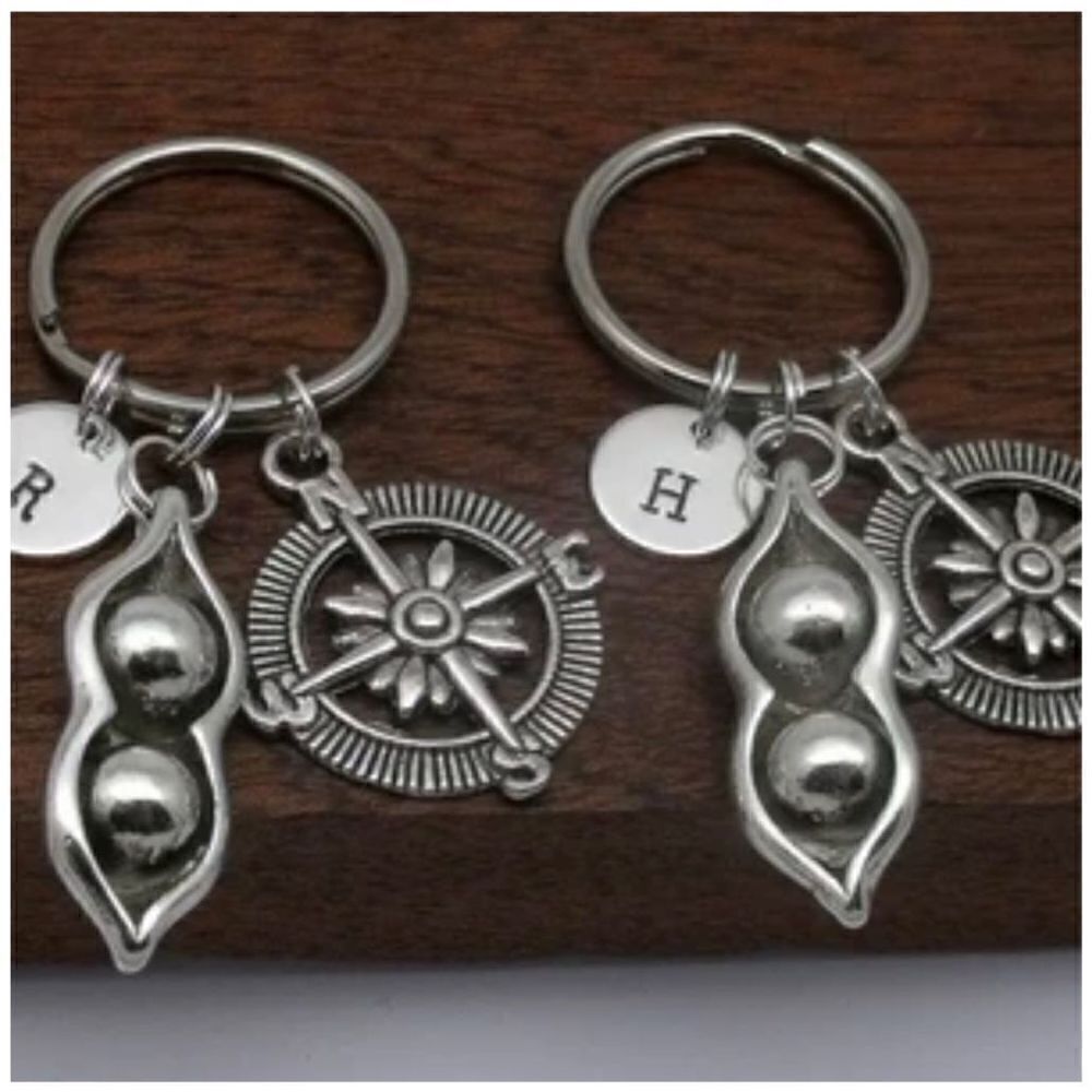 S & S initial’s 2 (two)peas in a pod compass keyring set gift, set of 2 peas in